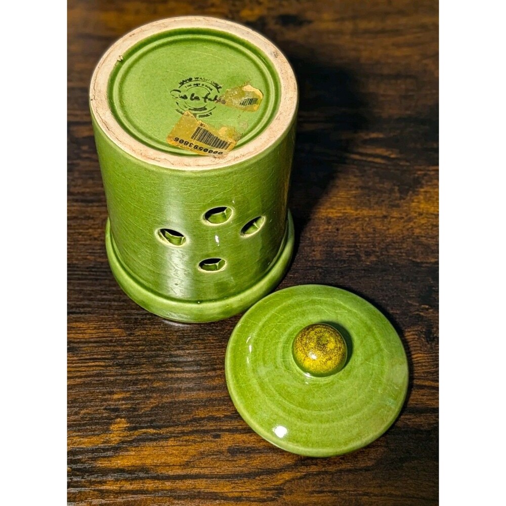 Vintage Sur La Table Garlic Aglio Canister Holder 6" Ceramic Pottery Italy Green - Picture 8 of 8